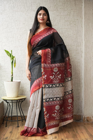 Faddism Pure Hand Block Printed Chanderi Silk Saree with Printed Blouse