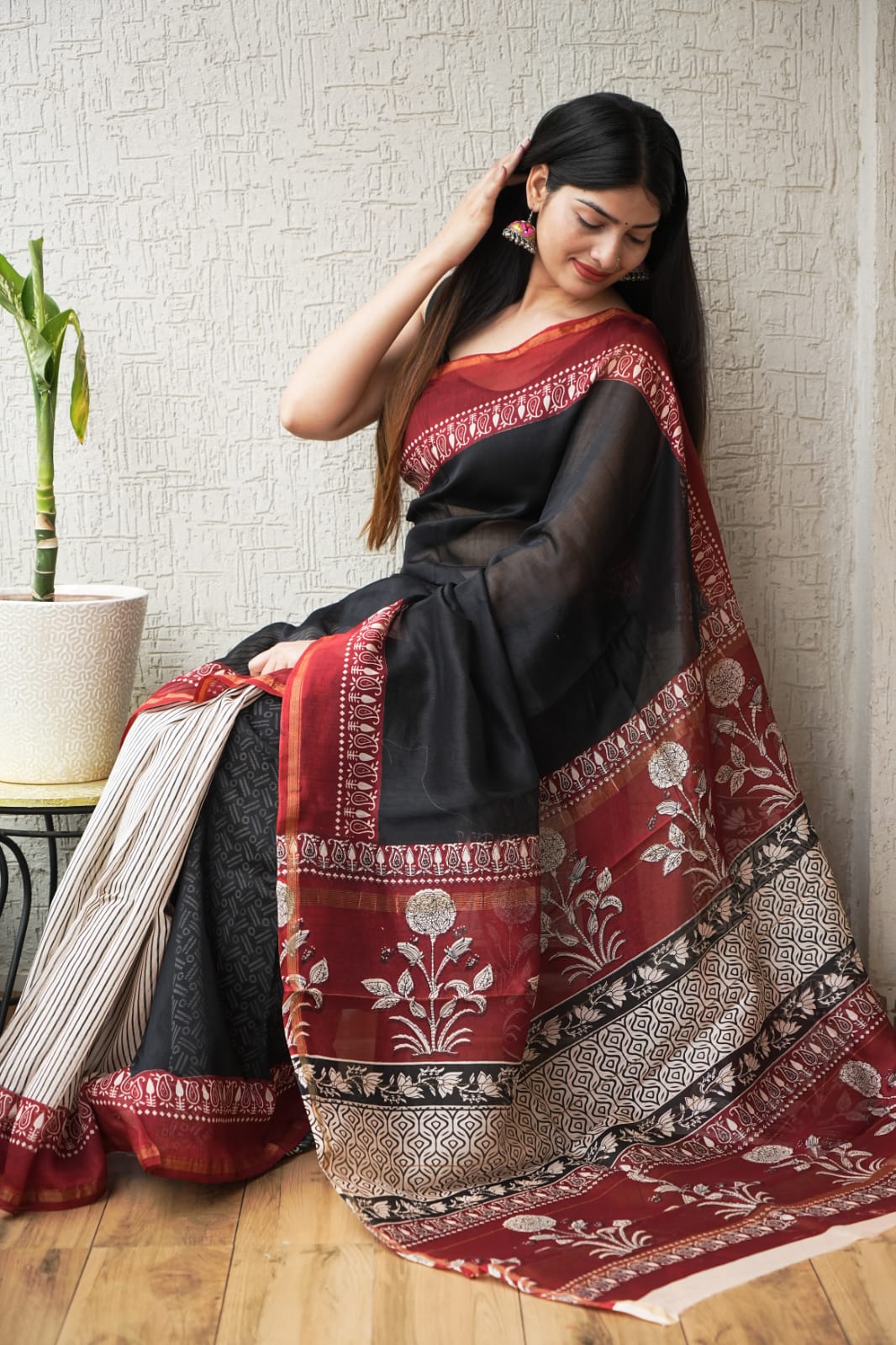Faddism Pure Hand Block Printed Chanderi Silk Saree with Printed Blouse