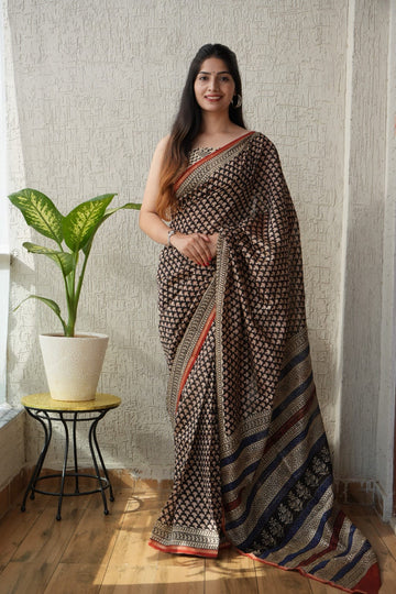 Faddism Pure Hand Block Printed Chanderi Silk Saree with Printed Blouse