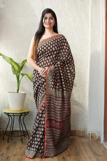 Faddism Pure Hand Block Printed Chanderi Silk Saree with Printed Blouse