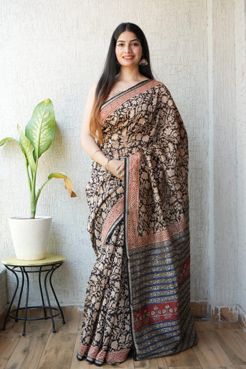 Faddism Pure Hand Block Printed Chanderi Silk Saree with Printed Blouse