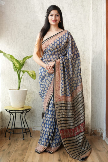 Faddism Pure Hand Block Printed Chanderi Silk Saree with Printed Blouse