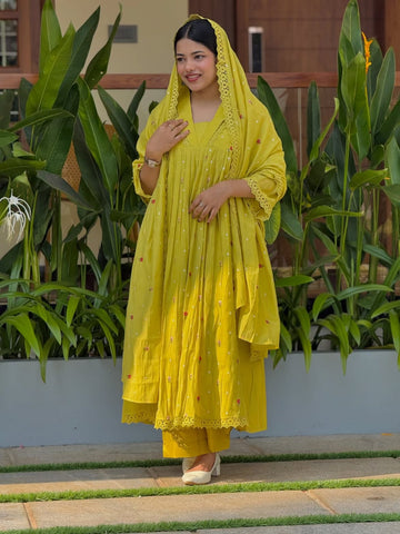 Faddism Pure Mal Chanderi Royal Green Anarkali Kurta Pant Dupatta Set