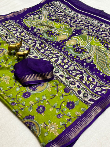 Faddism Pure Moss Position Print Saree with Super Weaving Temple Border
