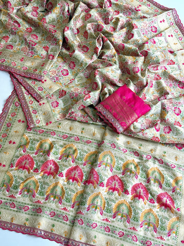 Faddism Pure Row Silk Pashmeena Silk Jacquard Meenakari Hand Dyed Saree