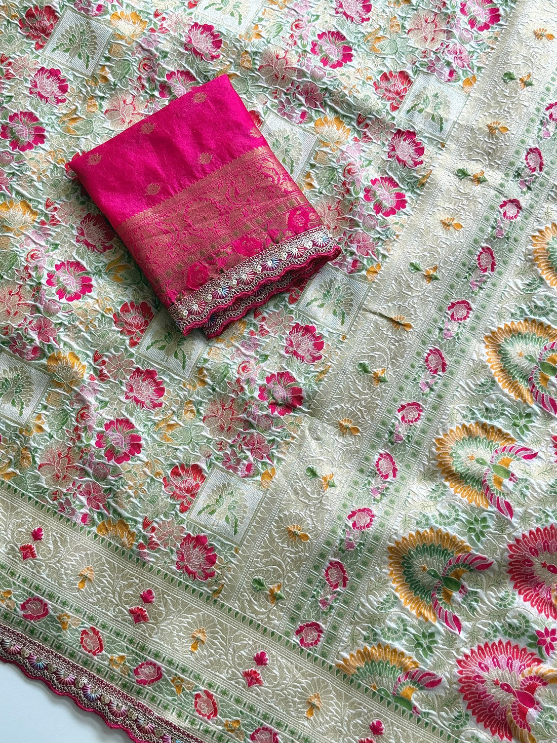Faddism Pure Row Silk Pashmeena Silk Jacquard Meenakari Hand Dyed Saree
