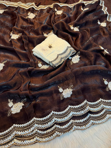Faddism Pure Soft Fendy Satin Saree with Embroidery & Mirror Work
