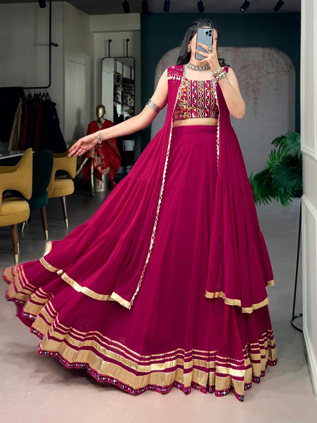 Raas Rani Navratri Lehenga with Gamthi Blouse & Long Koti