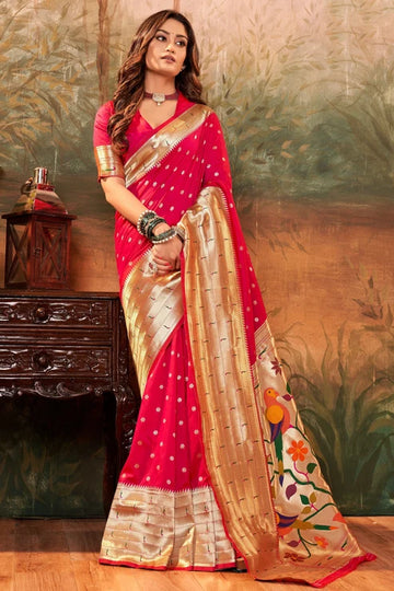Faddism Raspberry Red Pavitra Paithani Pure Paithani Silk Saree