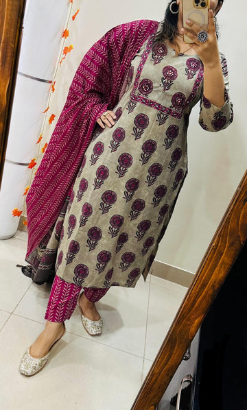 Faddism Premium Ajrakh Print Cotton Kurti Pant Dupatta Set