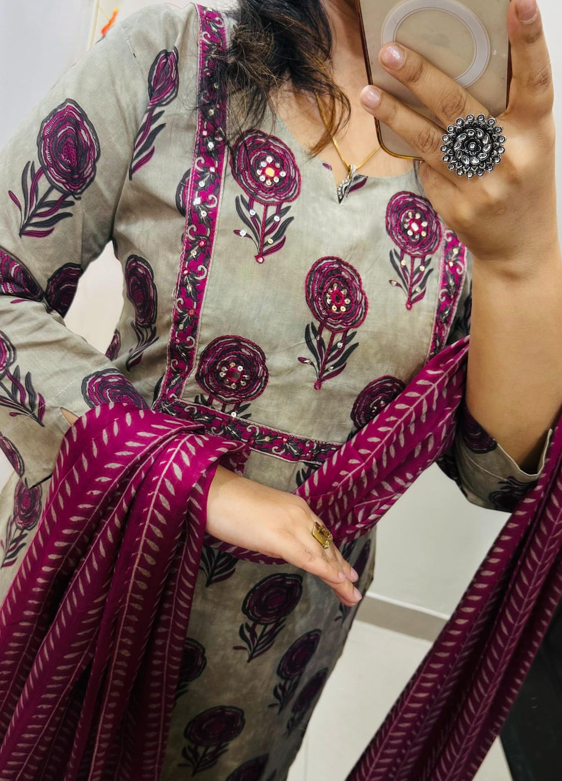 Faddism Premium Ajrakh Print Cotton Kurti Pant Dupatta Set