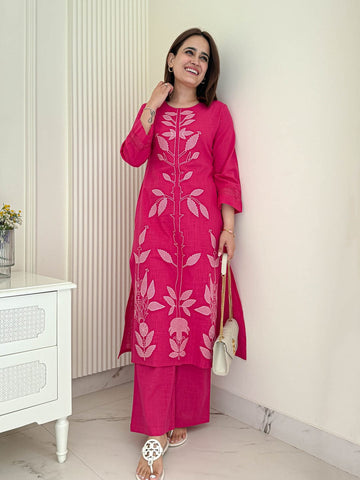 Faddism Rose Dust Cotton Co-ord Set with Embroidery Work