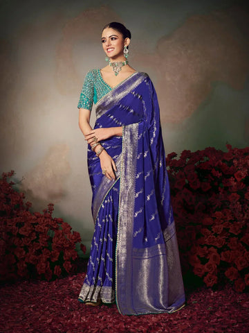 Faddism Royal Blue Kamini Silk Chiniya Silk Designer Saree with Embroidered Blouse