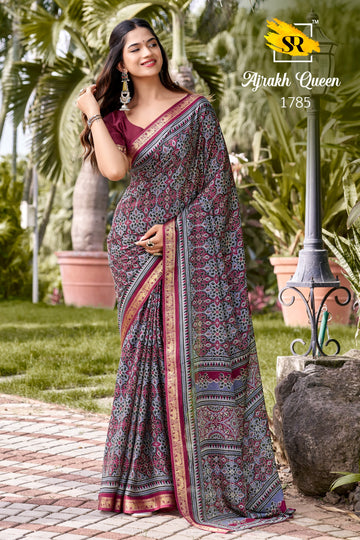 Faddism SR Ajrakh Queen Crap Sattin Saree with Weaving Jacquard Border