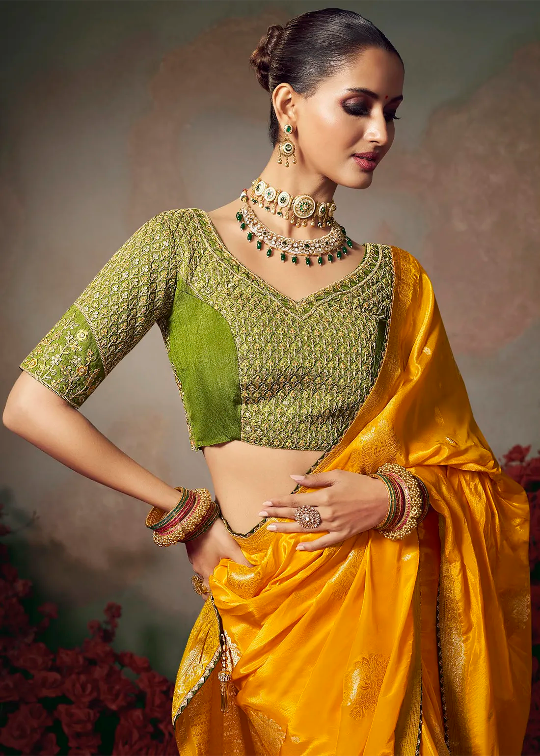Faddism Saffron Yellow Kamini Silk Chiniya Silk Designer Saree with Embroidered Blouse