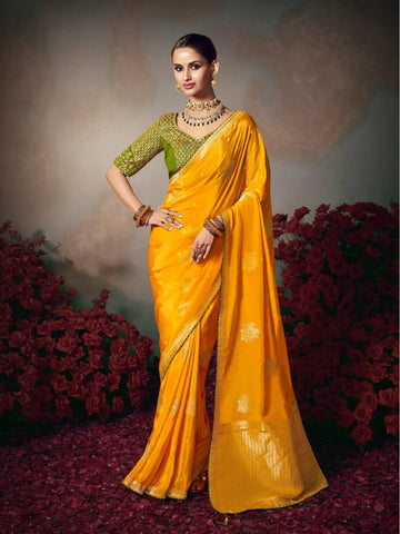 Faddism Saffron Yellow Kamini Silk Chiniya Silk Designer Saree with Embroidered Blouse