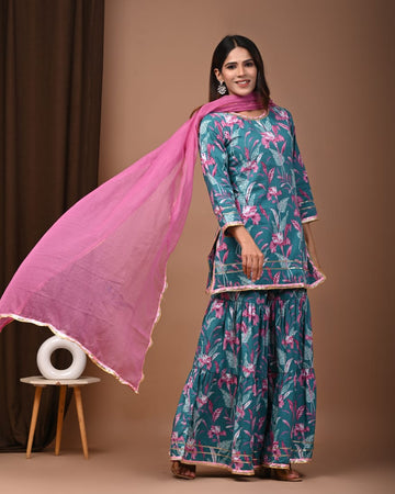 Faddism Hand Block Print Cotton Short Kurta with Tier Gharara & Kota Doria Dupatta