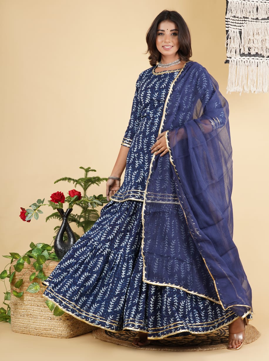 Faddism Hand Block Print Cotton Short Kurta with Tier Gharara & Kota Doria Dupatta