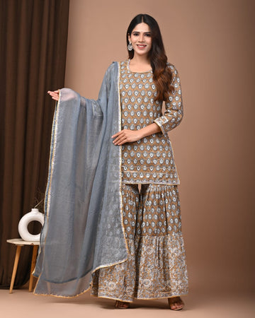 Faddism Hand Block Print Cotton Short Kurta with Tier Gharara & Kota Doria Dupatta