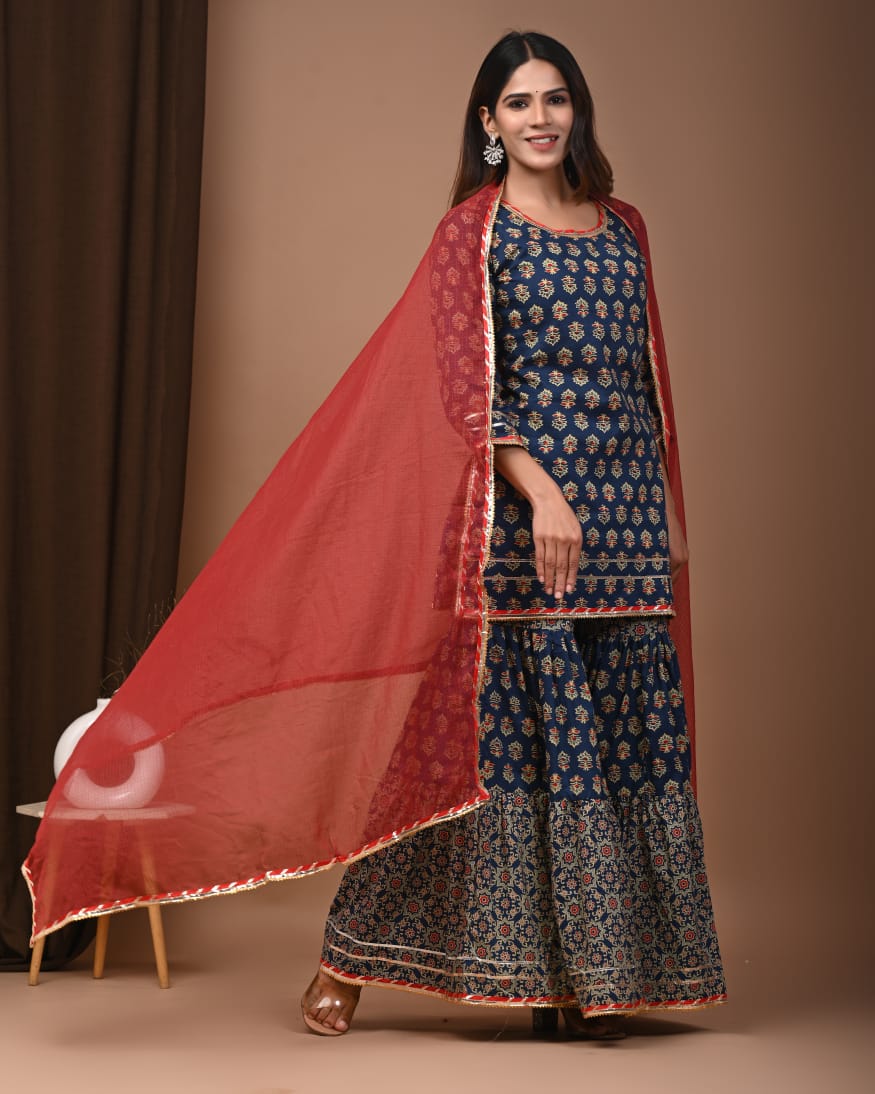 Faddism Hand Block Print Cotton Short Kurta with Tier Gharara & Kota Doria Dupatta