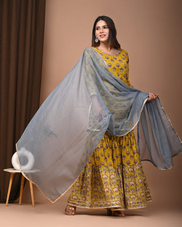 Faddism Hand Block Print Cotton Short Kurta with Tier Gharara & Kota Doria Dupatta