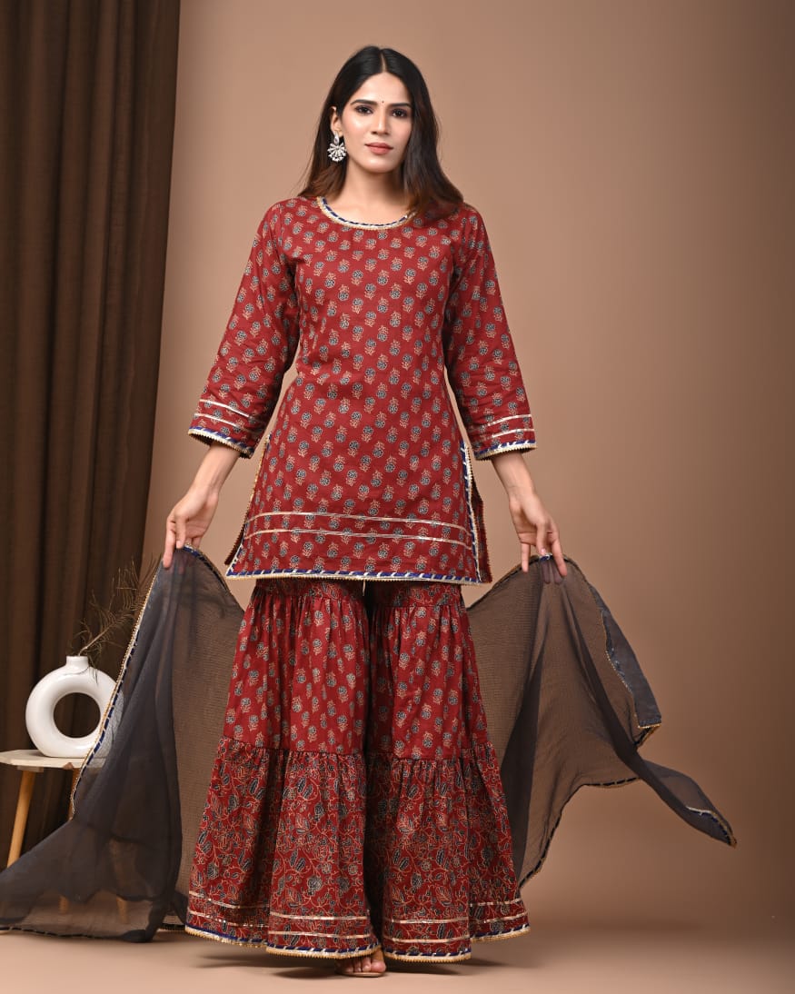 Faddism Hand Block Print Cotton Short Kurta with Tier Gharara & Kota Doria Dupatta