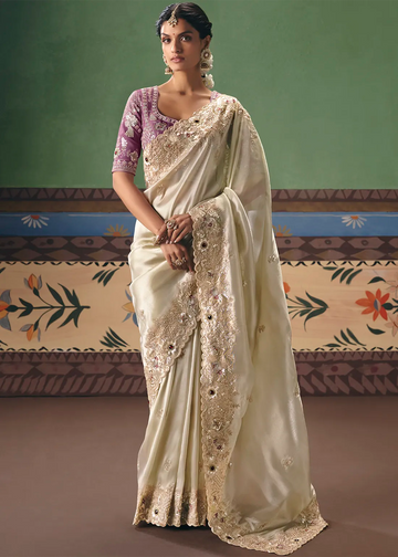 Faddism Shringar Cream Pure Fancy Designer Saree