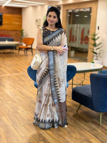 Faddism Soft Linen Saree with Silver Zari Border