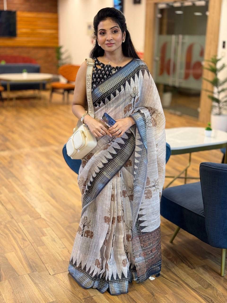 Faddism Soft Linen Saree with Silver Zari Border