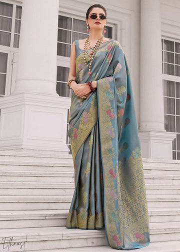 Faddism Steel Blue Koper Silk Kuraa Silk Saree