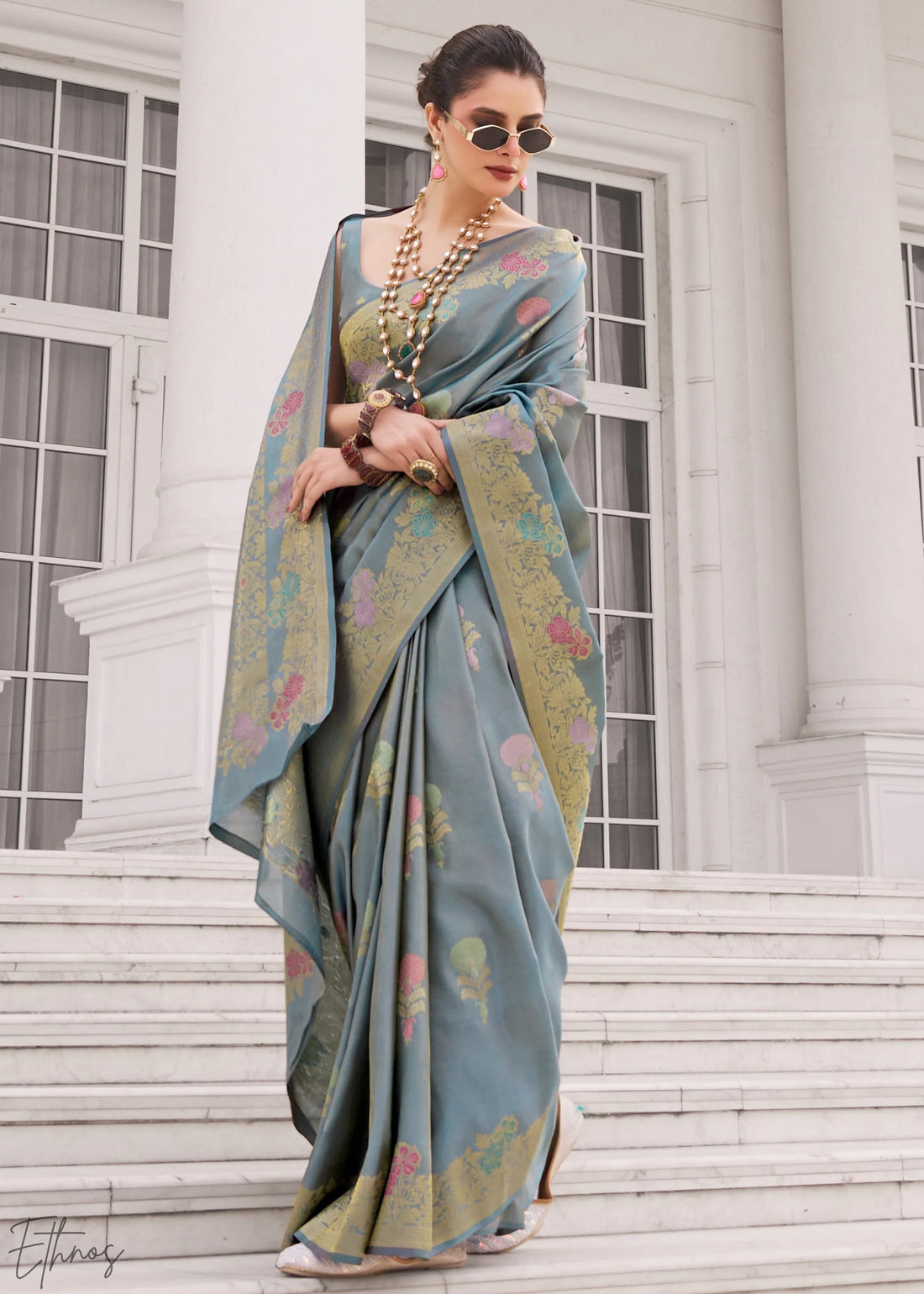 Faddism Steel Blue Koper Silk Kuraa Silk Saree