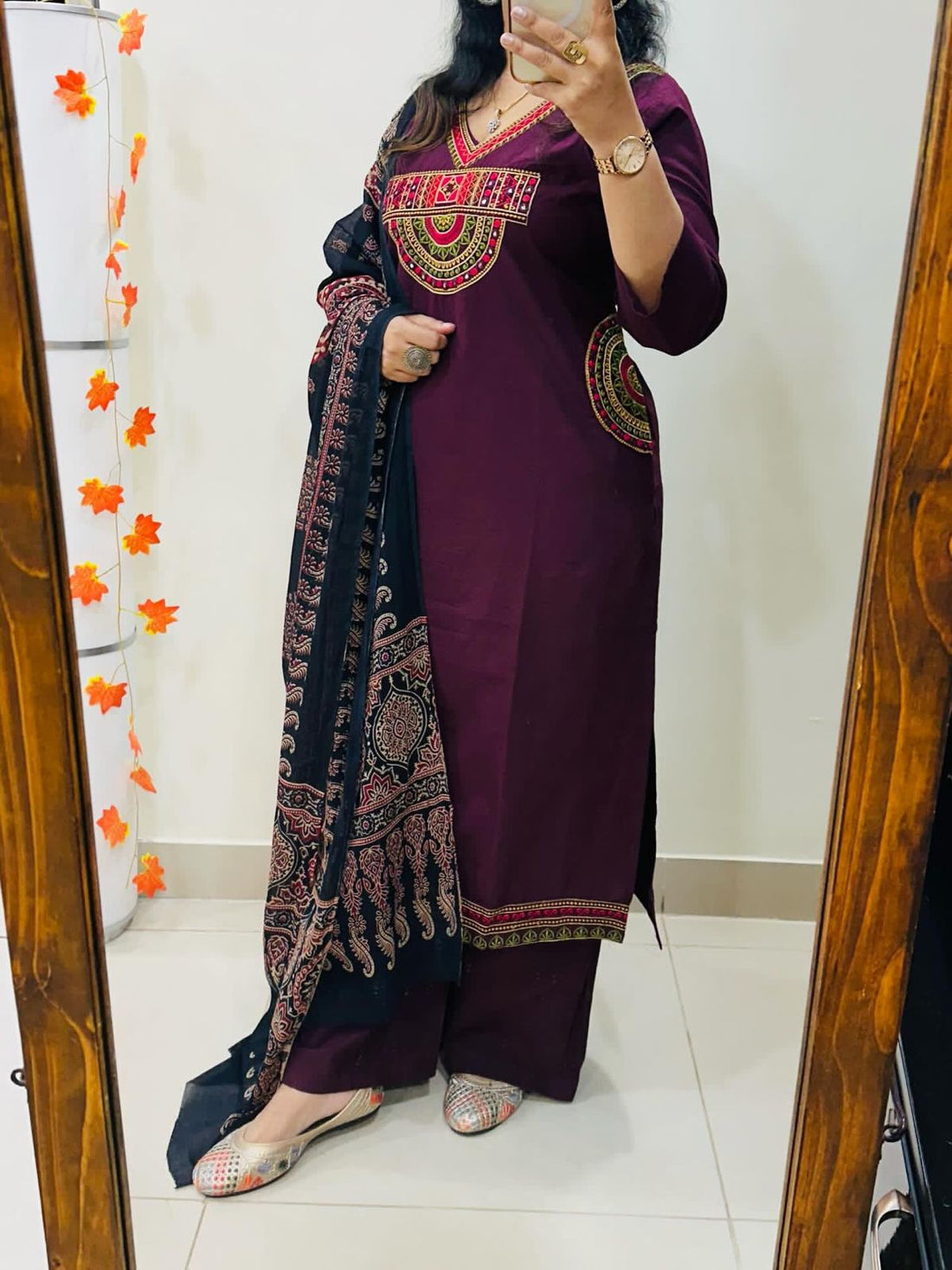 Faddism Embroidered Cotton Kurti Pant Dupatta Set with Pocket Design