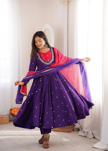 Faddism ZF-5023 Roman Silk Embroidered Anarkali Suit Set with Real Mirror Work