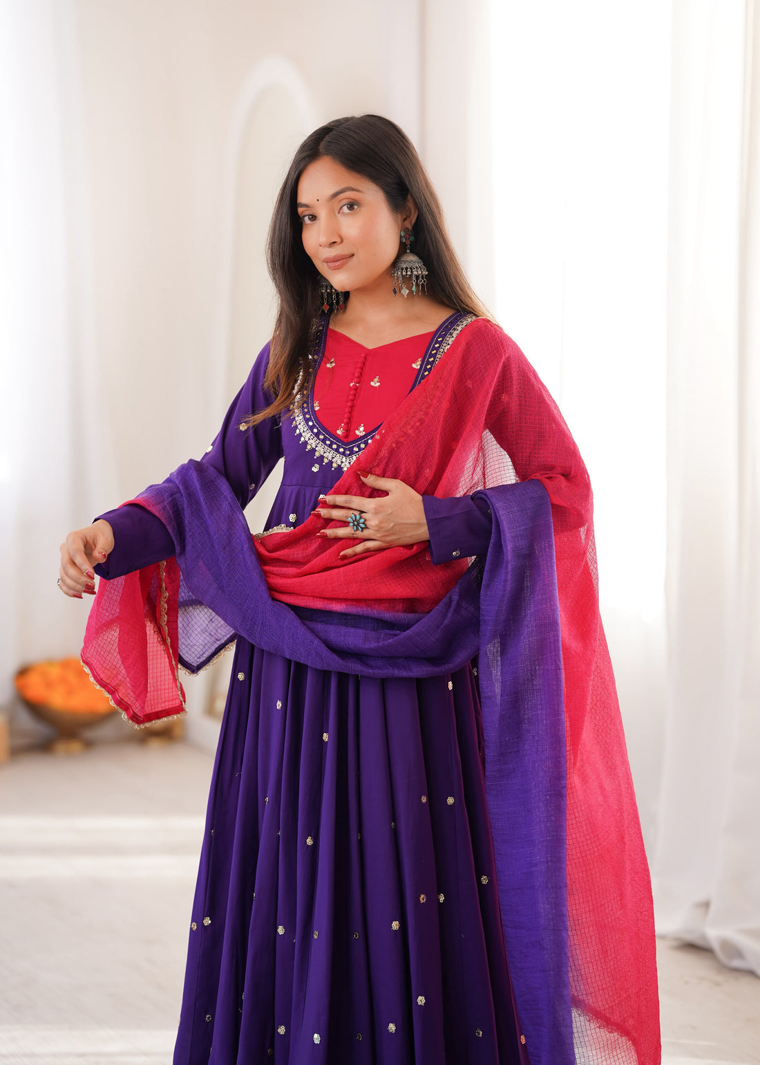 Faddism ZF-5023 Roman Silk Embroidered Anarkali Suit Set with Real Mirror Work