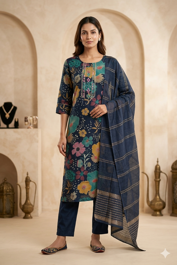 Faddism Floral Elegance Navy Blue Modal Silk Kurta Pant Dupatta Set