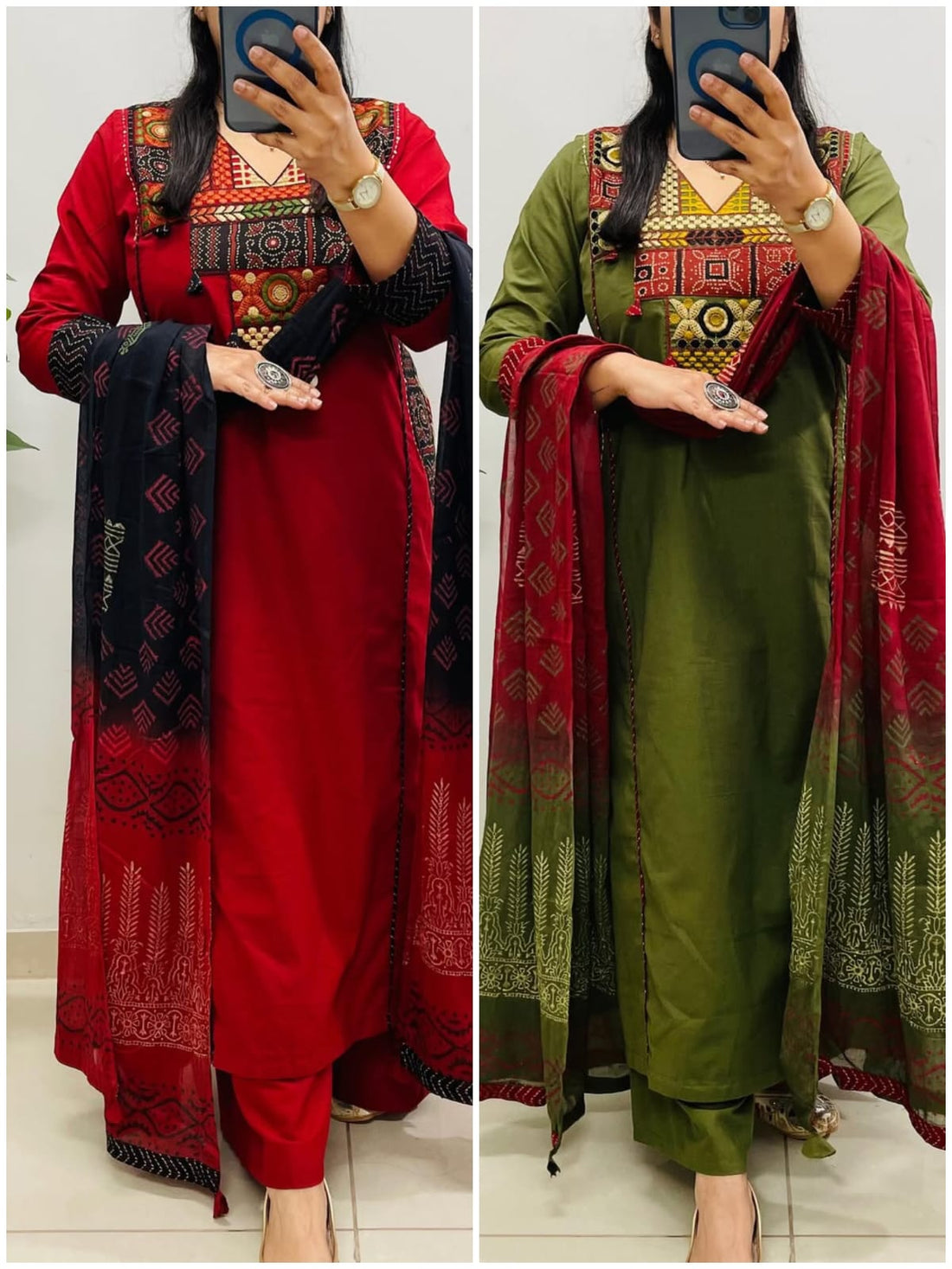 Heavy Cotton Embroidered Kurti Pant Dupatta Set