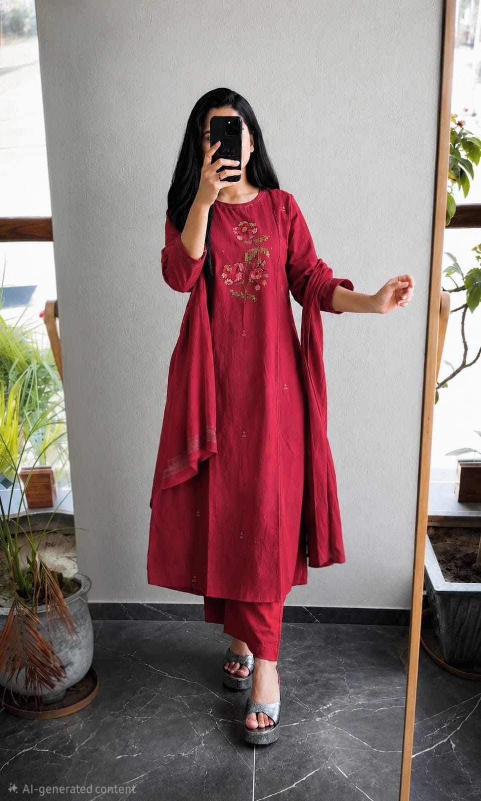 Faddism Embroidered Cotton Kurti Pant Dupatta Set