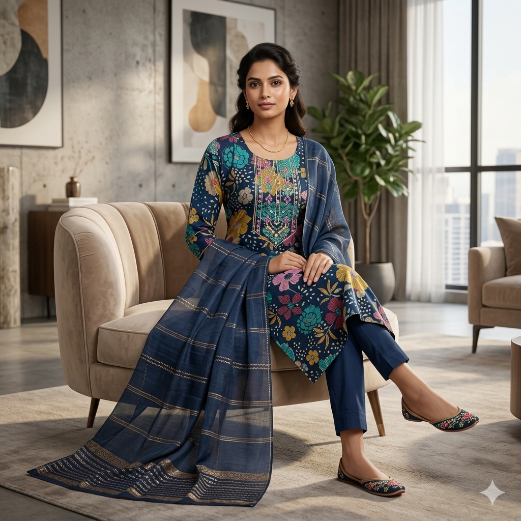Faddism Floral Elegance Navy Blue Modal Silk Kurta Pant Dupatta Set