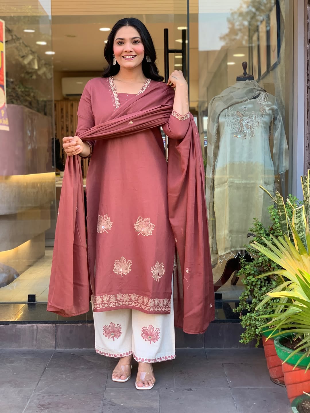 Faddism Embroidered A-Line Cotton Kurti Pant Dupatta Set