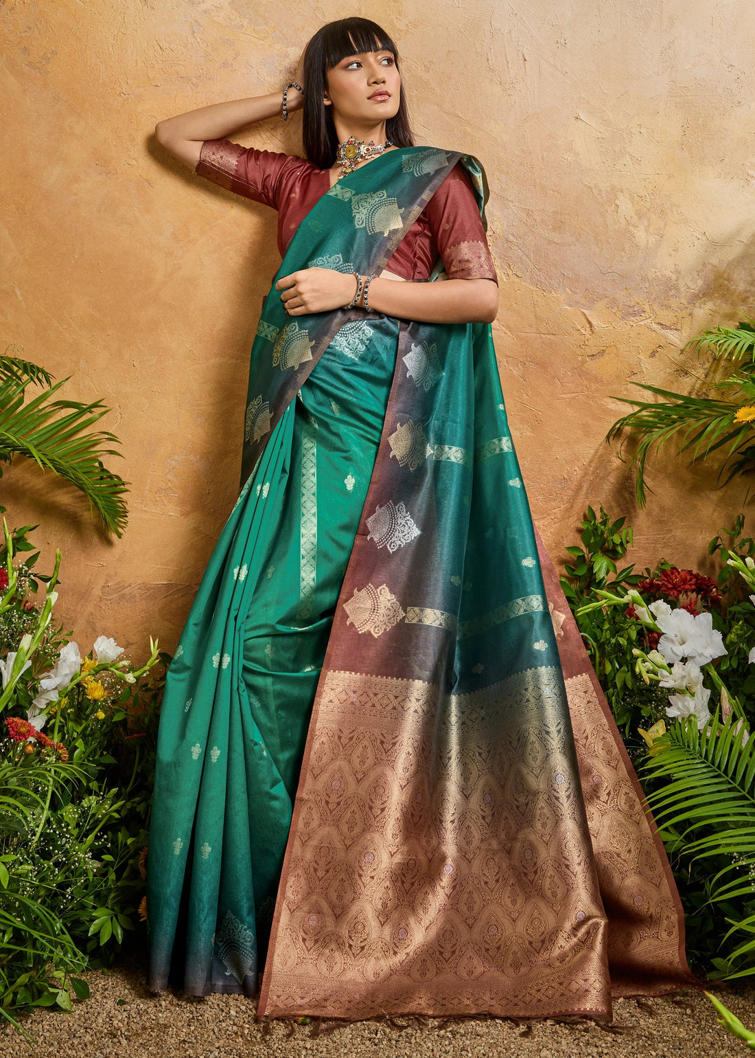 Faddism Arcadia Green Solaris Handloom Weaving Paper Silk Saree