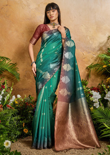 Faddism Arcadia Green Solaris Handloom Weaving Paper Silk Saree