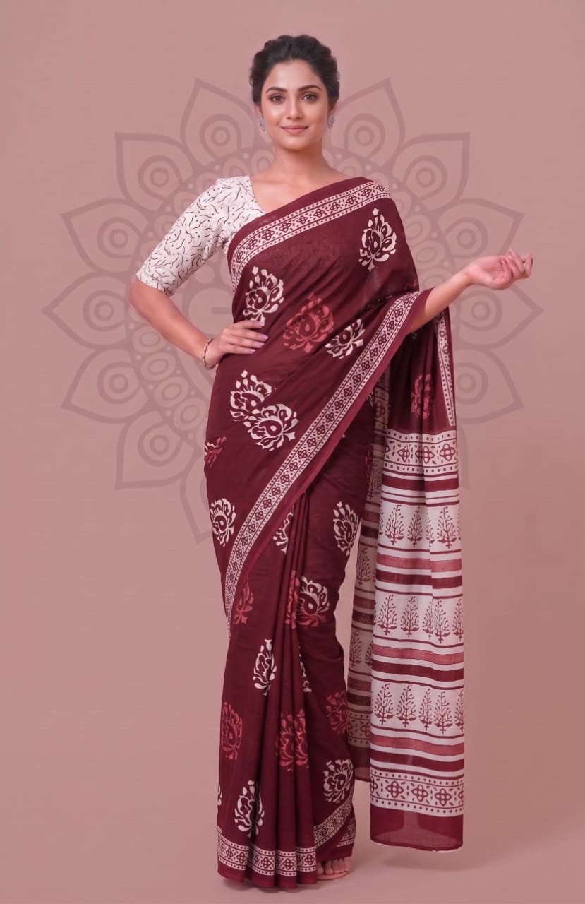 Faddism Bagru Block Print Mulmul Cotton Saree with Running Blouse