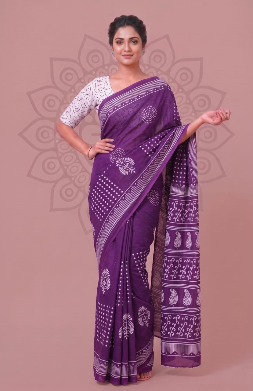 Faddism Bagru Block Print Mulmul Cotton Saree with Running Blouse