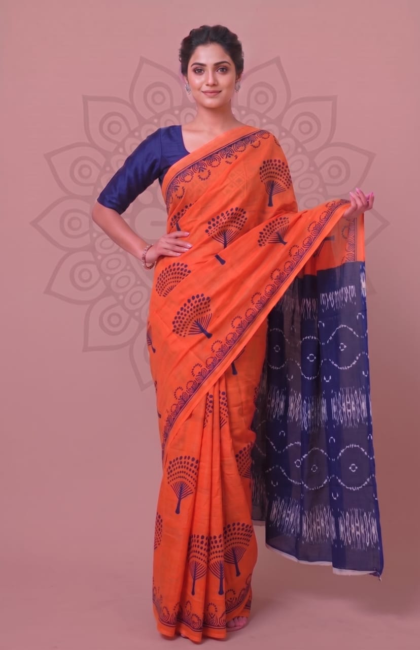 Faddism Bagru Block Print Mulmul Cotton Saree with Running Blouse