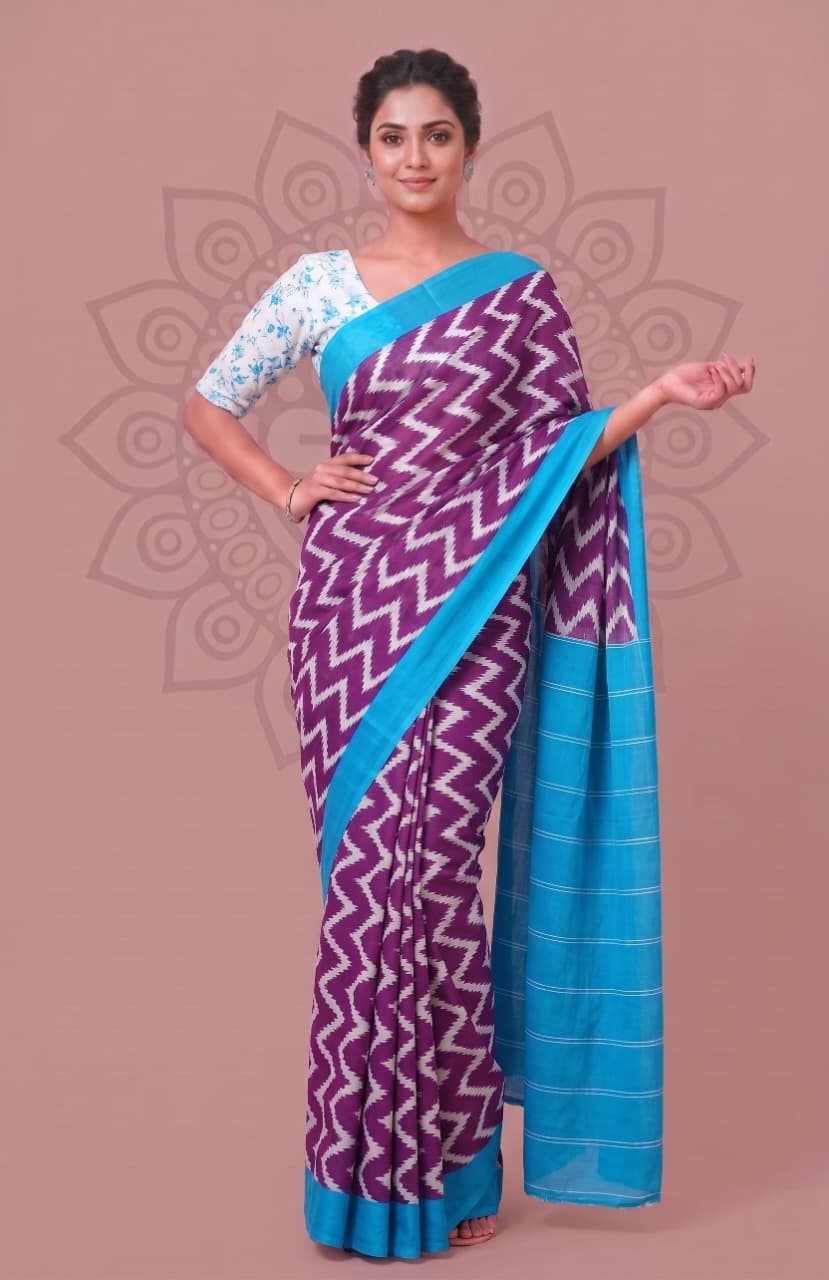 Faddism Bagru Block Print Mulmul Cotton Saree with Running Blouse