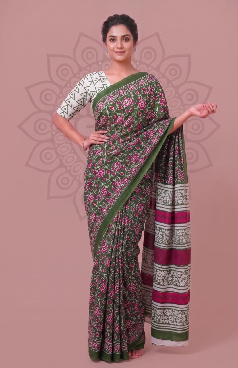 Faddism Bagru Block Print Mulmul Cotton Saree with Running Blouse