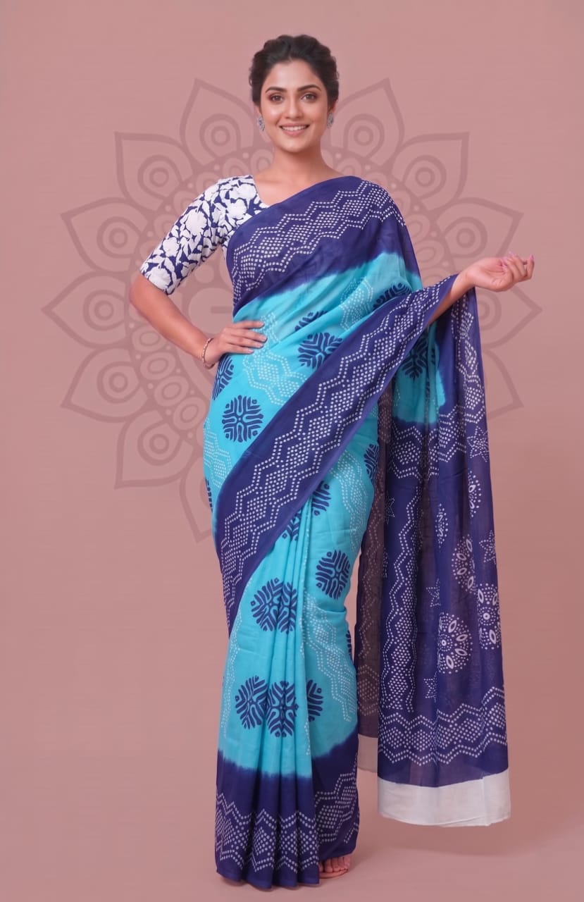 Faddism Bagru Block Print Mulmul Cotton Saree with Running Blouse