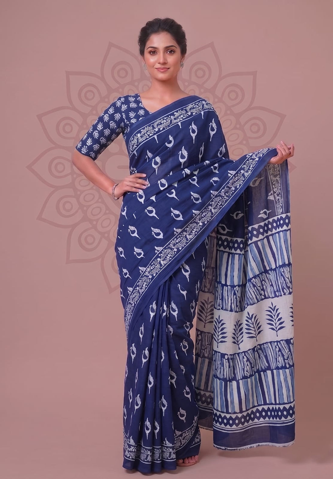 Faddism Bagru Block Print Mulmul Cotton Saree with Running Blouse