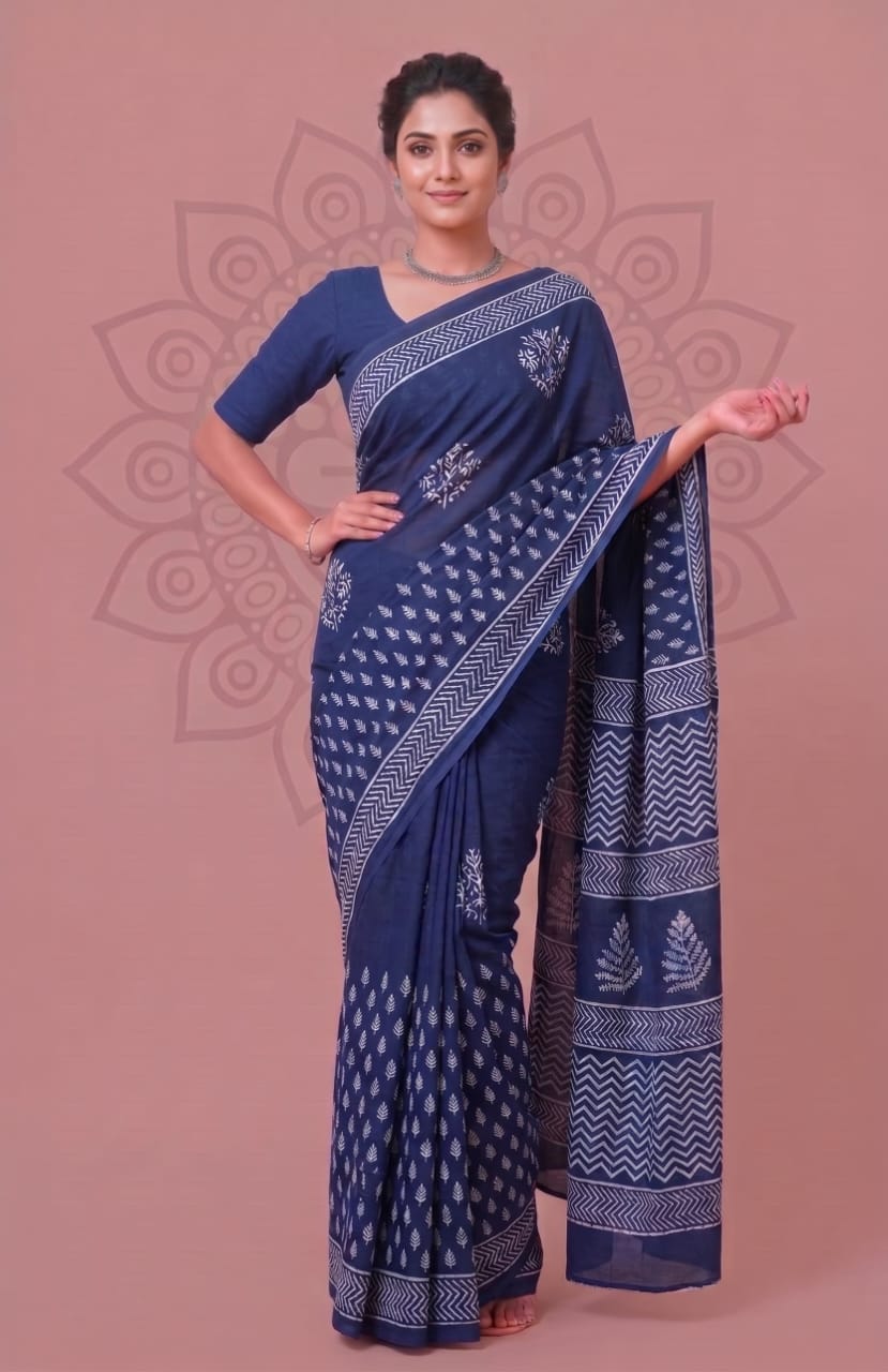 Faddism Bagru Block Print Mulmul Cotton Saree with Running Blouse