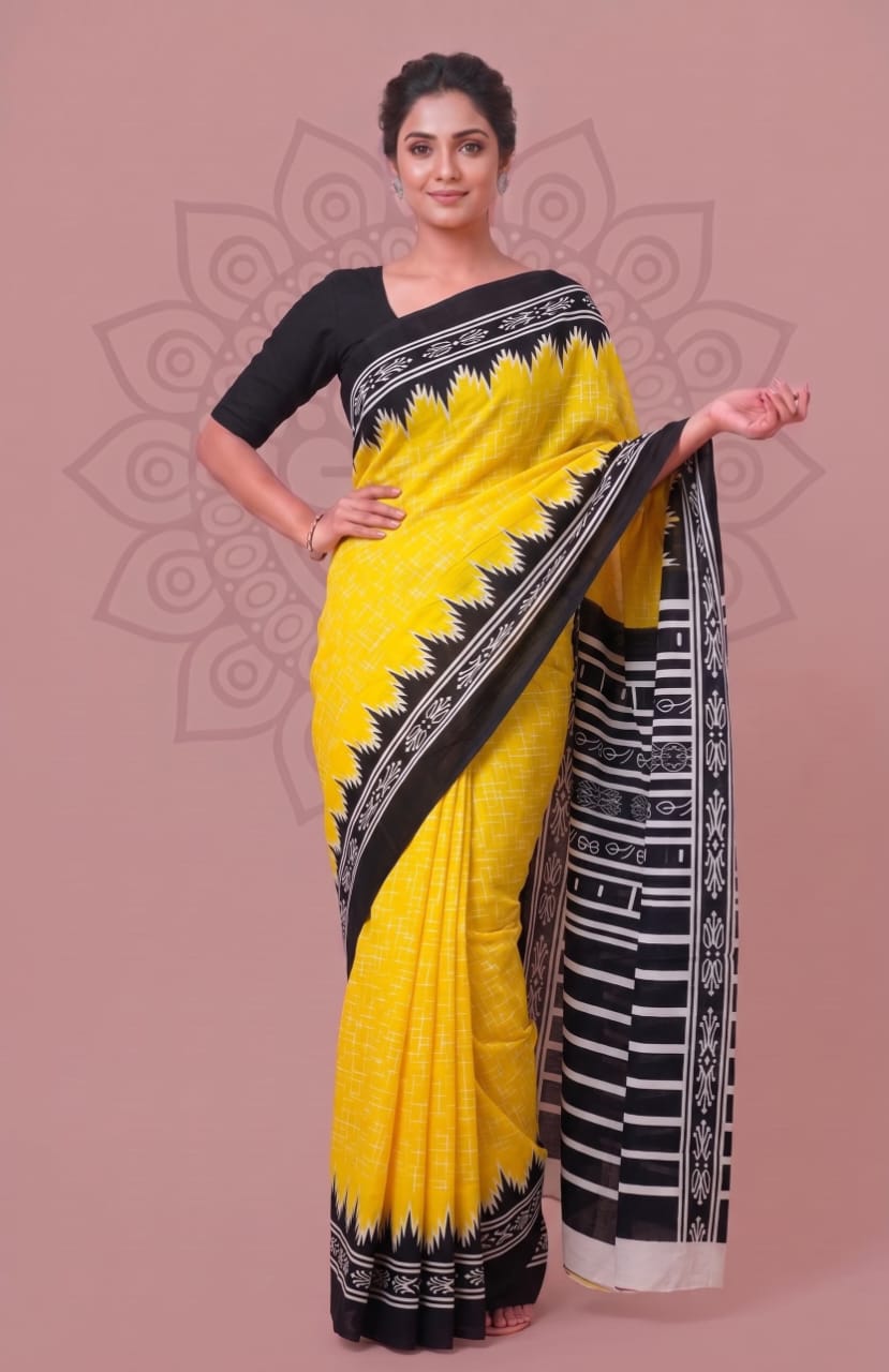 Faddism Bagru Block Print Mulmul Cotton Saree with Running Blouse